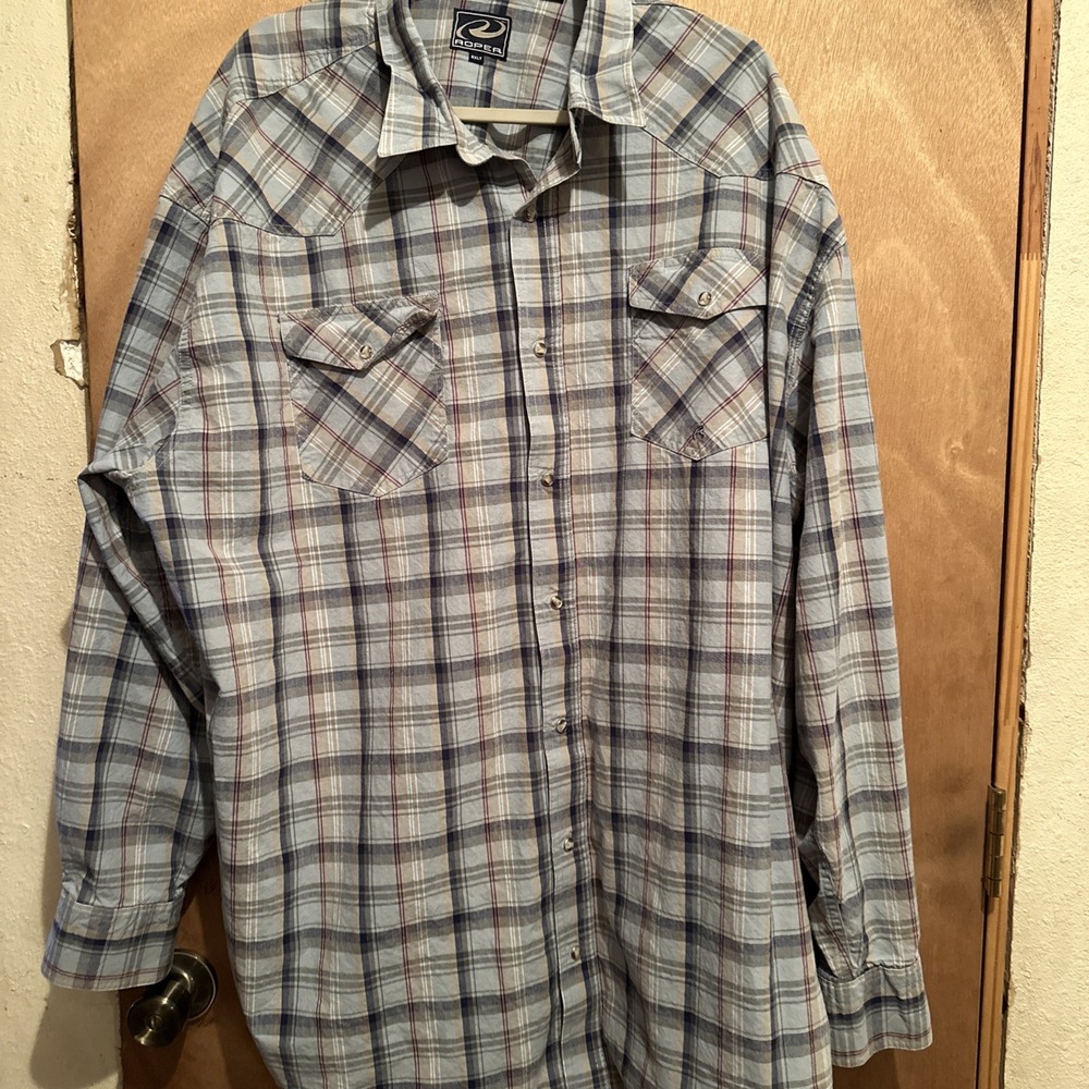 Roper Men's Western Long Sleeve Pearl Snaps  Teal Blue Plaid 4XLT